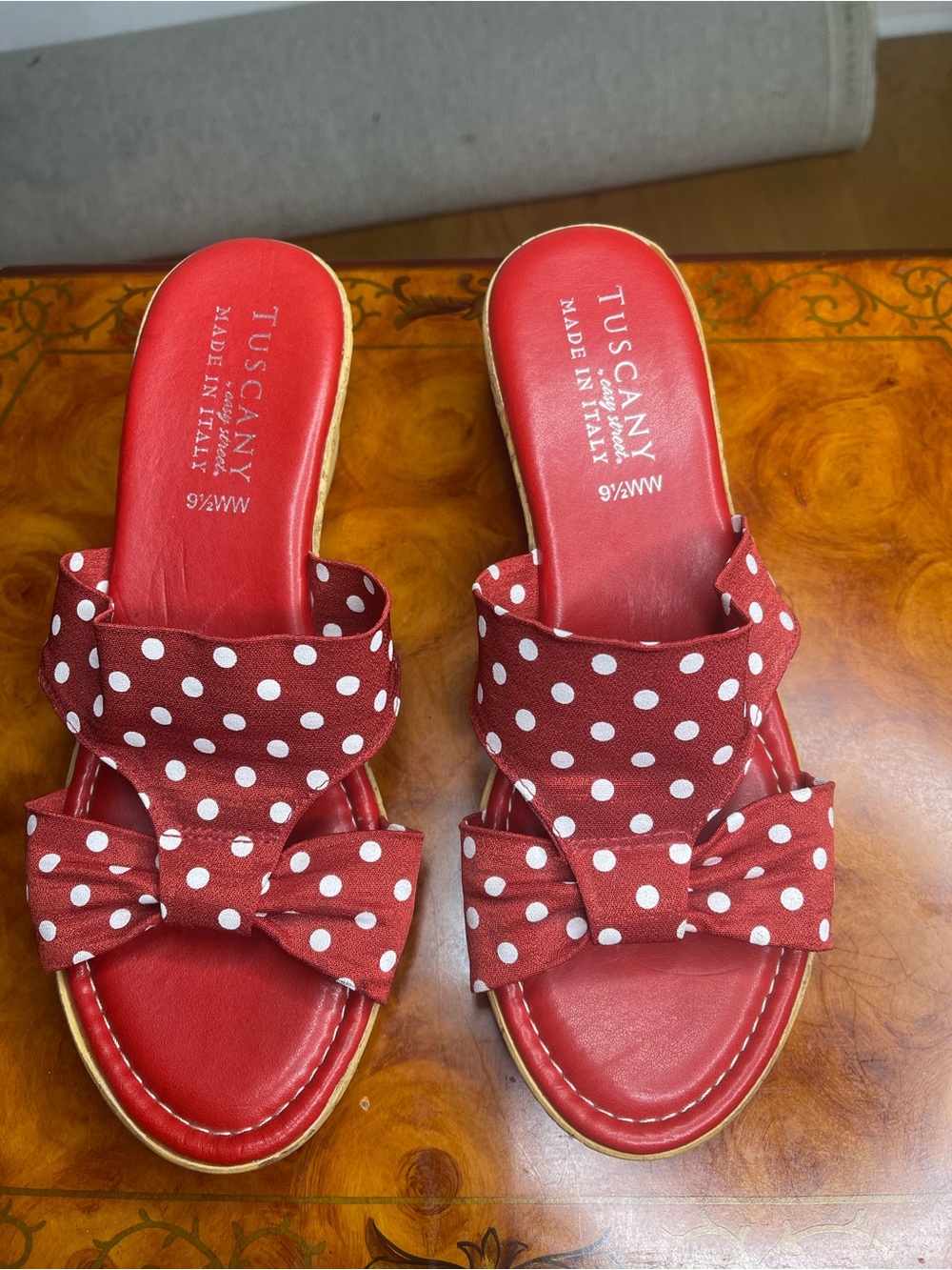 Tuscany Leather Red Polka Dot Bow Slide Mules